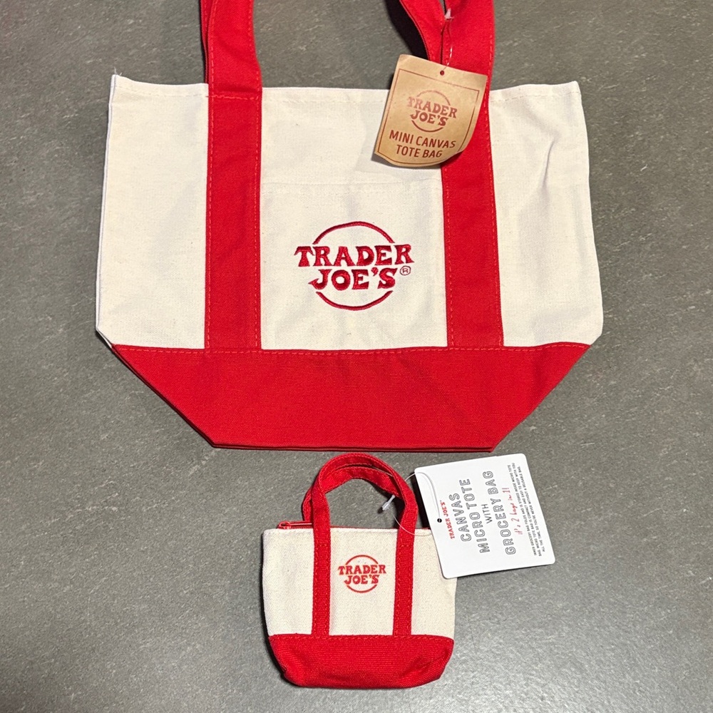 Trader Joe's Red and White Canvas Tote Bag Set of 2 Exclusive 2025